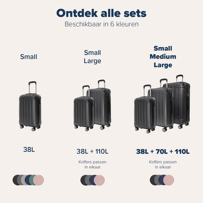 TRVLMORE Kofferset - 3 Delig - 38L Handbagage + 110L Ruimbagage - Lichtgewicht - Trolley - Reiskoffer Set - Zwart