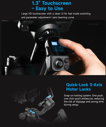 FeiyuTech SCORP 3 KIT Gimbal-stabilisator voor camera, ingebouwde AI-tracking, spiegelloze DSLR-stabilisator voor Sony/Canon/Nikon/Fujifilm, Max 3,5 kg, aanraakscherm, native verticale opnamen met
