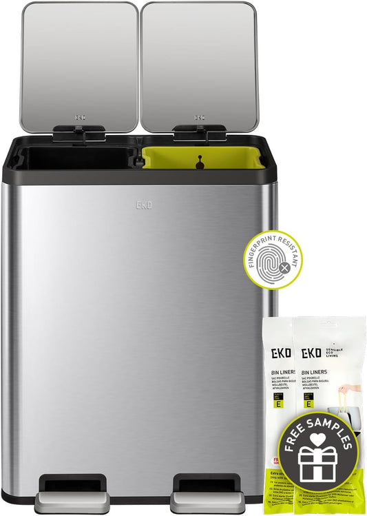 EKO Prullenbak voor in de keuken met twee compartimenten, geborstelde roestvrijstalen afwerking, 30 l + 30 l (softclose)