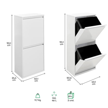 ARREGUI Basic CR401-B2 Recyclingcontainer | Afvalcontainer in Staal | 2 Compartimenten 2x23L (46 L) | Binnenemmers met Hoge Capaciteit | Multifunctionele Recyclebak | Afvalbak voor Keuken of Huis| Wit