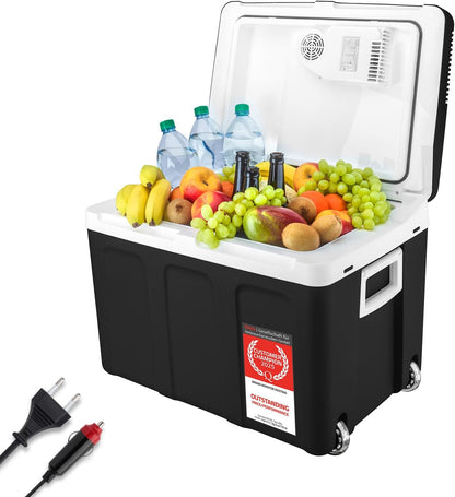 TZS First Austria - Koelbox 45L elektrisch 12V 230V aansluiting voor auto & stekkerdoos - Thermo-elektrische Cool Box koelt & warmt - Minikoelkast met wielen - Voor kamperen, festivals, reizen - Zwart