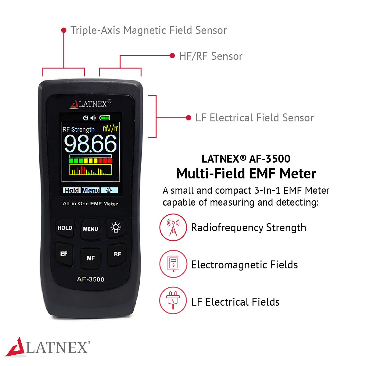 LATNEX AF-3500 EMF-meetinstrument en -lezer met kalibratiecertificaat, meet RF en magnetrons, 3-assige Gaussische magneetvelden en elektrische velden ELF