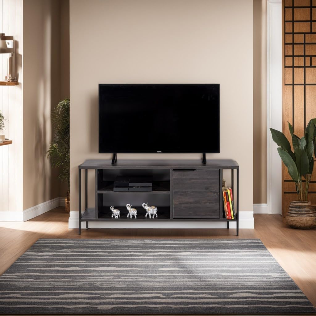 Hanah Home Industriële tv-standaard, donkerbruin en zwart, 120 cm x 48 cm x 35 cm, 100% melamine gecoat particle board, 18 mm dik, stijlvol en functioneel met cijferplanken
