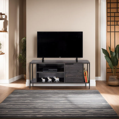 Hanah Home Industriële tv-standaard, donkerbruin en zwart, 120 cm x 48 cm x 35 cm, 100% melamine gecoat particle board, 18 mm dik, stijlvol en functioneel met cijferplanken