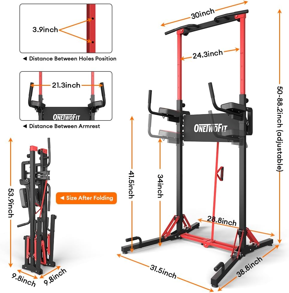 ONETWOFIT Foldable Power Tower Dip Station and Power Tower, Height Adjustable, Multifunctional Power Station with Pull Up Bar, Push Support Handles, Heavy Strength Training Equipment for Gyms - QUORE