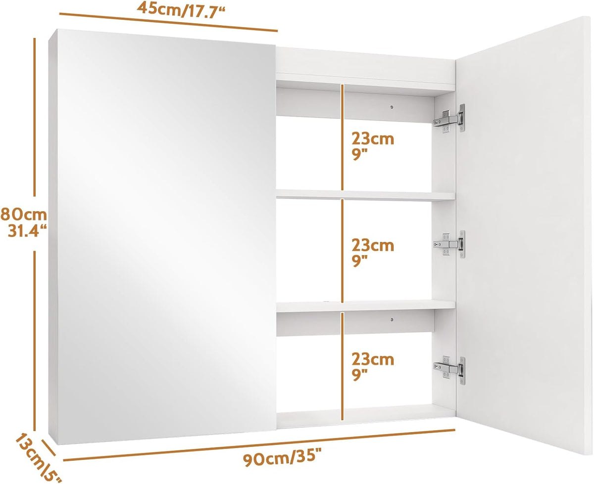 Badkamerkast – Wandkast – Spiegelkast – Medicijnkast – Opbergkast – Dubbele Spiegeldeuren – Extra Groot 90x80x13 cm – Wit Minimalistisch Design