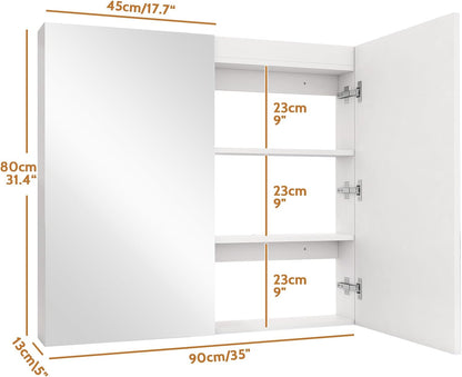 Badkamerkast – Wandkast – Spiegelkast – Medicijnkast – Opbergkast – Dubbele Spiegeldeuren – Extra Groot 90x80x13 cm – Wit Minimalistisch Design