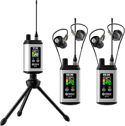 Debra EST-12 Draadloos In-Ear Monitoring Systeem met 2 Ontvangers, UHF Signaal (20 Kanelen), 0 Latentie, 80m Bereik en Metaalbehuizing voor Podium & Studio Wit