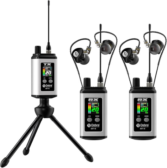 Debra EST-12 Draadloos In-Ear Monitoring Systeem met 2 Ontvangers, UHF Signaal (20 Kanelen), 0 Latentie, 80m Bereik en Metaalbehuizing voor Podium & Studio Wit