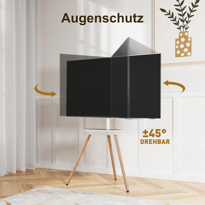 Driepotige tv-standaard voor 40 tot 65 inch lcd-led-oled-beeldscherm, in hoogte verstelbaar en draaibare vloer-tv-standaard, hoek-tv-standaard met houten blad, VESA 400 x 400 mm, wit