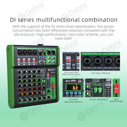 D Debra 6-Kanaals DJ Mixer, 99 DSP Effecten, USB/MP3 Ingang, 48V Fantoomvoeding, Ideaal voor DJ, Karaoke, Thuisstudio