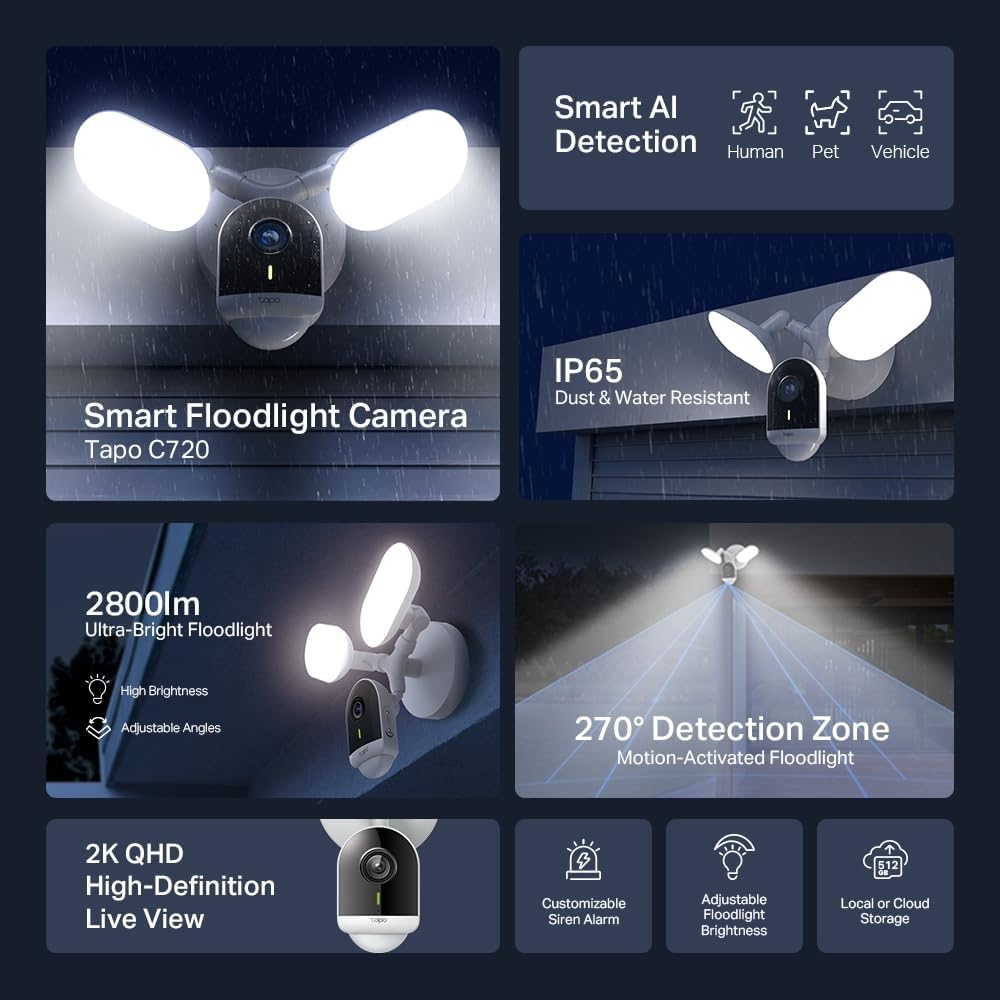 TP-Link Tapo Floodlight Outdoor Security WiFi-camera, draadloos, 2800lm ultrahelder, 2K QHD, IP65, 270° beweging, full colour nachtzicht, slimme AI-detectie (Tapo C720)
