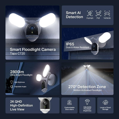 TP-Link Tapo Floodlight Outdoor Security WiFi-camera, draadloos, 2800lm ultrahelder, 2K QHD, IP65, 270° beweging, full colour nachtzicht, slimme AI-detectie (Tapo C720)
