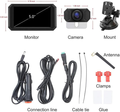 OBEST Digitale draadloze achteruitrijcamera-kit, 5 inch 1080p scherm en waterdichte nachtzichtcamera met spiegelomkering en parkeerassistent voor 9-28 V