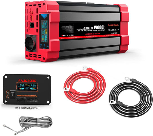REDSOLAR Pure Sine Wave Inverter 1000W (Peak Power 2000W) 12V DC to 230V AC Converter for Car, Camping, Travel and Emergencies – With 7M Control Panel, LCD Display, USB Port and EU Socket - QUORE