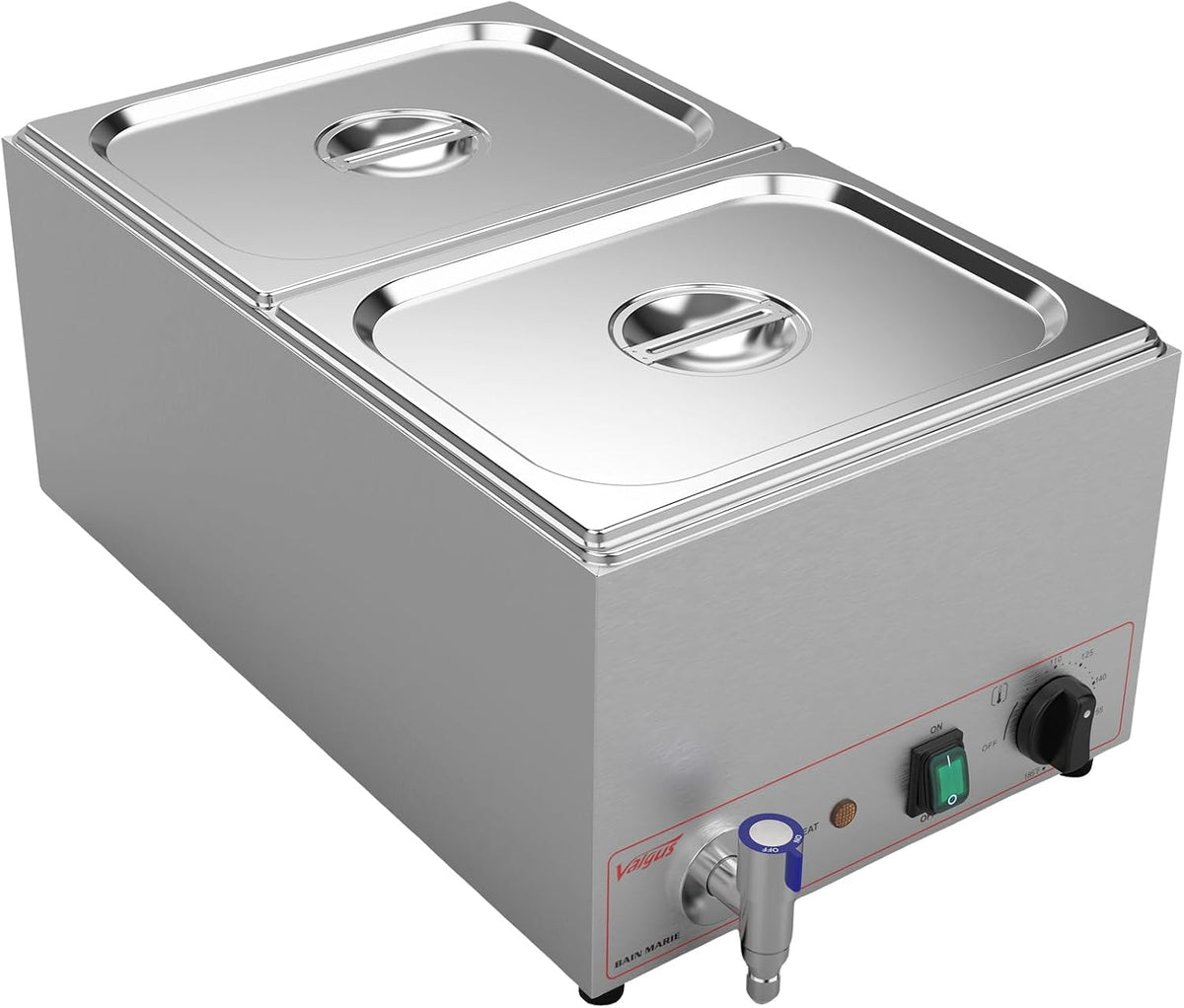 Valgus Bain Marie Roestvrijstalen voedselverwarmer, 2 secties, 20 liter, buffet, professionele roestvrijstalen stoomtafel met deksel en kraan, voor thuis en restaurants