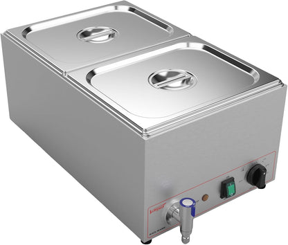 Valgus Bain Marie Roestvrijstalen voedselverwarmer, 2 secties, 20 liter, buffet, professionele roestvrijstalen stoomtafel met deksel en kraan, voor thuis en restaurants