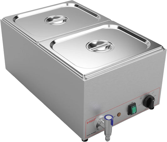 Valgus Bain Marie Roestvrijstalen voedselverwarmer, 2 secties, 20 liter, buffet, professionele roestvrijstalen stoomtafel met deksel en kraan, voor thuis en restaurants