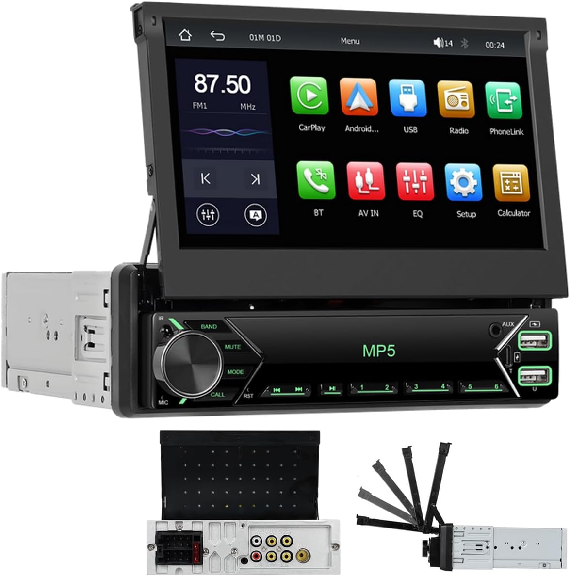 Draadloze CarPlay autoradio, 1 Din met uittrekbaar scherm, handmatig, 7 inch touchscreen, Android autoradio met bluetooth, stereo, autoradio, ondersteuning, FM AUX USB-achteruitrijcamera