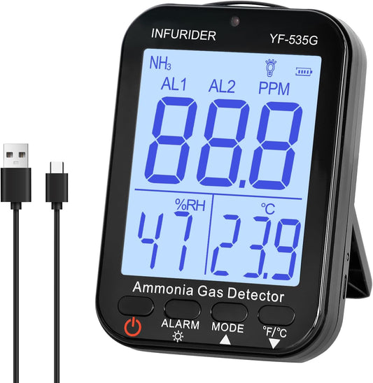 NH3 Gasmelder, ammoniak-gasdetector, gaslek-detector met akoestisch visueel alarm, binnenluchtkwaliteitsmeter voor ammoniak, draagbare gasdetector met bereik 0-100 ppm