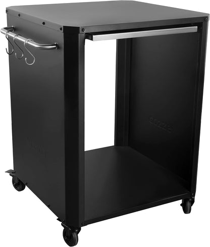 Cozze® | Outdoor table with extendable chopping board | For pizza ovens up to 60 cm | Side handles with 6 stainless steel hooks | Rubber castors Ø75 mm | Gas cylinder space | Black powder-coated - QUORE