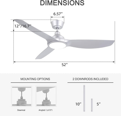 Ovlaim Plafondventilator, 132 cm, met kunststof bladen en ledverlichting, incl. afstandsbediening, DC-energiebesparende motor, ultralicht, voor zomer en winter, zilver [energieklasse D].