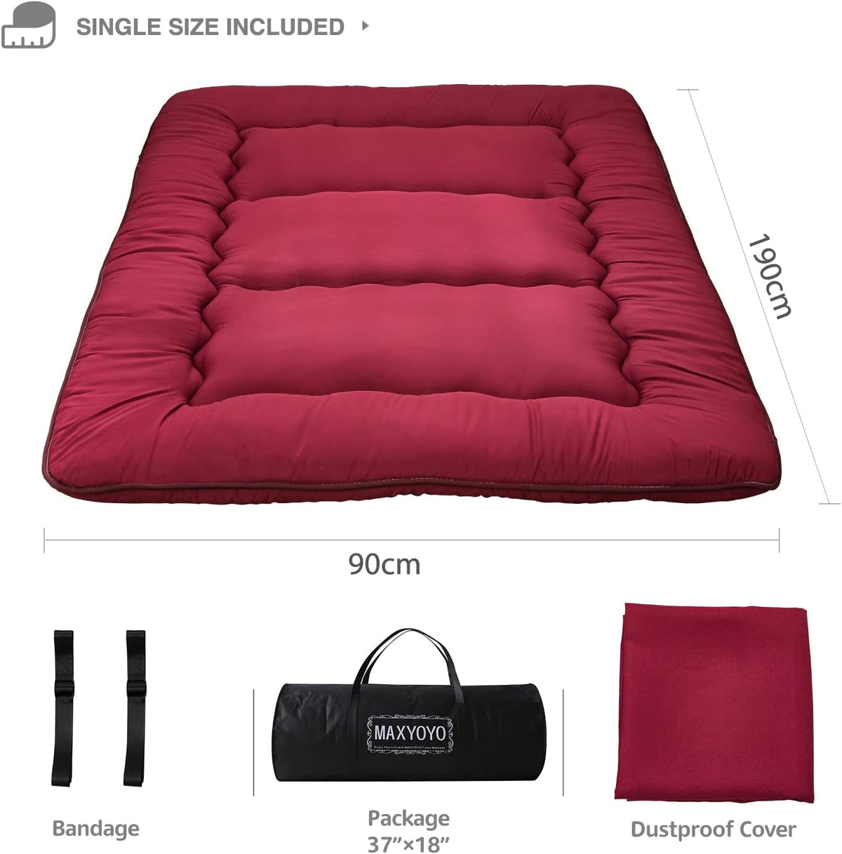 MAXYOYO Japanse futonmatras voor op de vloer, dikker tatami-slaapkussen, opvouwbare oprolbare slaapzaal mat pad vloerligstoel kussen bed (Bourgondië, eenpersoons)