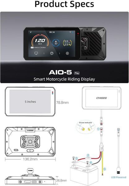 Motorfiets CarPlay Systeem – Android Auto Navigatie – GPS Display – Touchscreen Dashboard – Handschoenmodus Bediening – 5 inch IPS LCD – 60FPS Vloeiende Beelden – IP68 Waterdicht – Siri & Google Assistant Ondersteuning
