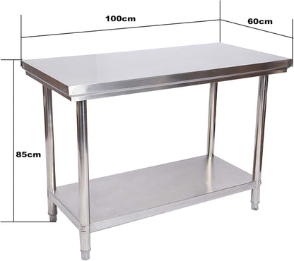 Wiltec roestvrijstalen werktafel met legbord 100x60x85 cm, hoogteverstelbare arbeidstafel voor horeca en keuken, tafel voor werkplaats tuin kelder