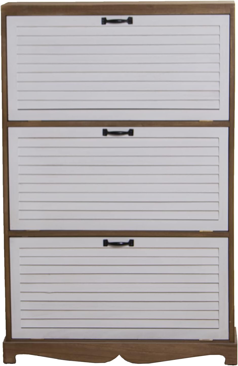 DRW Schoenenkast met 3 deuren van paulownia-hout in natuur en wit, 76 x 22 x 119 cm