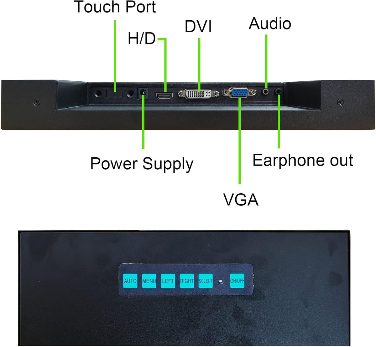 VSDISPLAY 18,5 inch industrieel TFT-LCD-touchscreen, 1920 x 1080, H/D-video-aansluiting, VGA DVI, metalen behuizing met standaard.