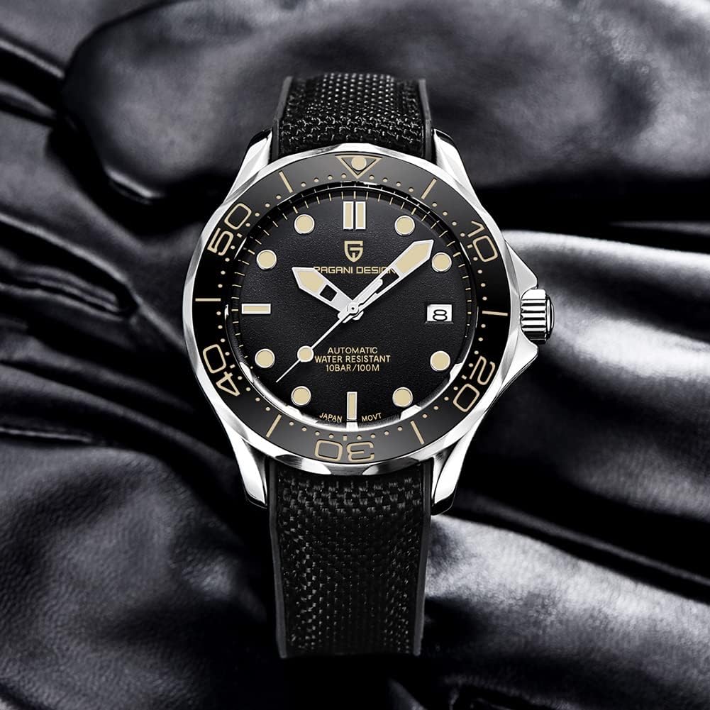 Pagani Design 007-Model Heren Automatische Horloges Japan Beweging Roterende Keramische Bezel Roestvrij Staal Waterdicht Zelf Windend Polshorloge, Zwart rubber Nylon, Japans