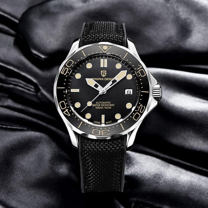 Pagani Design 007-Model Heren Automatische Horloges Japan Beweging Roterende Keramische Bezel Roestvrij Staal Waterdicht Zelf Windend Polshorloge, Zwart rubber Nylon, Japans