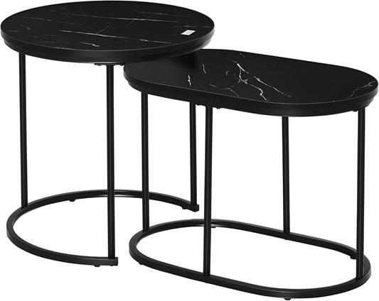 HOMCOM Salontafels, uittrekbaar, van staal en MDF-plaat, marmerlook, ronde en ovale tafel, zwart, 2 stuks