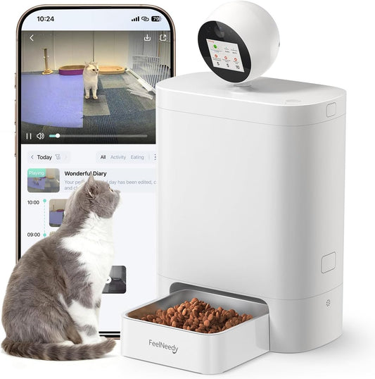 Automatic Cat Feeder with Camera, 360° 200W Video with Night Vision and 2-Way Audio, 5G Cat Food Dispenser with LCD Screen and App Control, 5.5L Video Recording, Timed Feeder for - QUORE