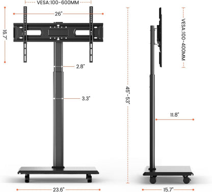 Mobiele tv-kar rollende tv-standaard voor schermen van 26-70 inch, mobiele tv-kar voor maximaal 80 lbs, 25° draaibaar met 6 niveaus van hoogteverstelling voor optimaal zicht, tv-standaards voor
