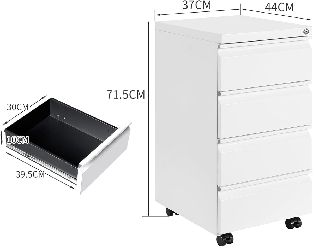 Rolcontainer, archiefkast, afsluitbaar met 4 sleutels, kantoorkast van metaal, archiefkast onder bureau, met 4 laden, voorgemonteerd, afsluitbaar, kantoor, wit