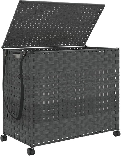 Gecheer Laundry Basket with Wheels, Grey, 66 x 35 x 60 cm, Rattan, Laundry Basket, Laundry Basket, Laundry Basket for Baby Clothing, Bed Linen, Shoes 372046 - QUORE