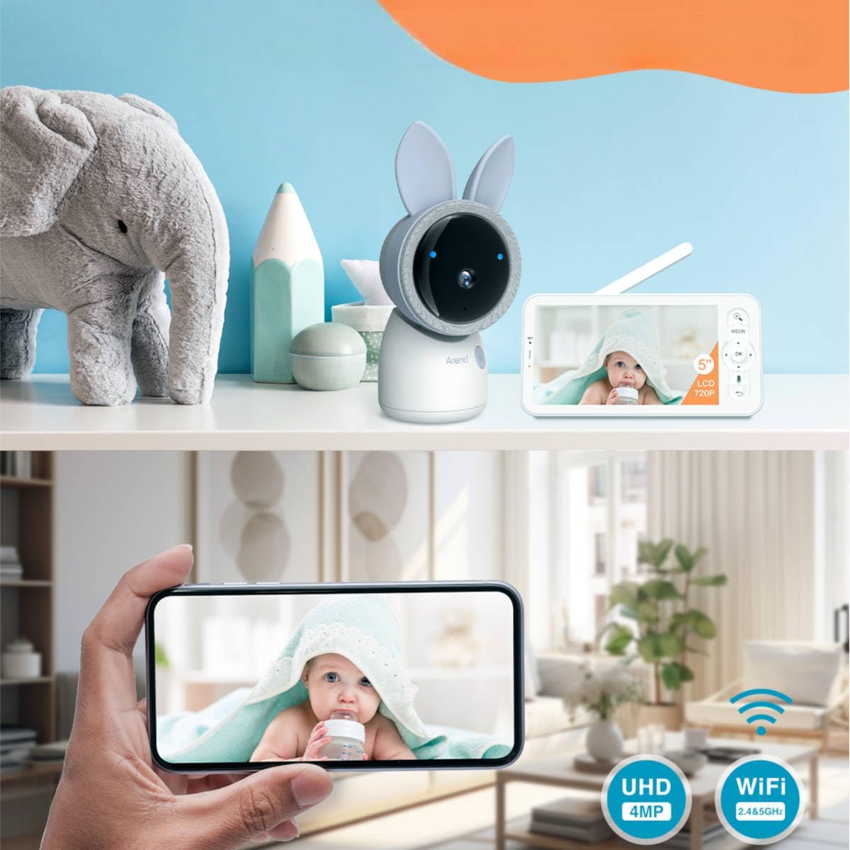 ARENTI AINanny A4 Kit Plus 4 MP video-babyfoon met 12,7 cm (5 inch) LCD-scherm, zwenk- en kantelfunctie met automatische tracking