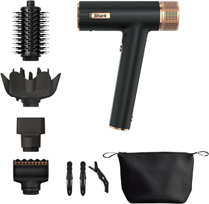 Shark SpeedStyle Haardroger & RapidGloss Finisher met Opbergtas & Haarklemmen, 5 Stylers, Voor Alle Haartypes, Ultrasnel Droog, Gladstrijken van Pluizig Haar, Geen Warmteschade, Ionisch, HD353BKEU