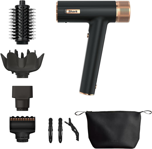 Shark SpeedStyle Haardroger & RapidGloss Finisher met Opbergtas & Haarklemmen, 5 Stylers, Voor Alle Haartypes, Ultrasnel Droog, Gladstrijken van Pluizig Haar, Geen Warmteschade, Ionisch, HD353BKEU