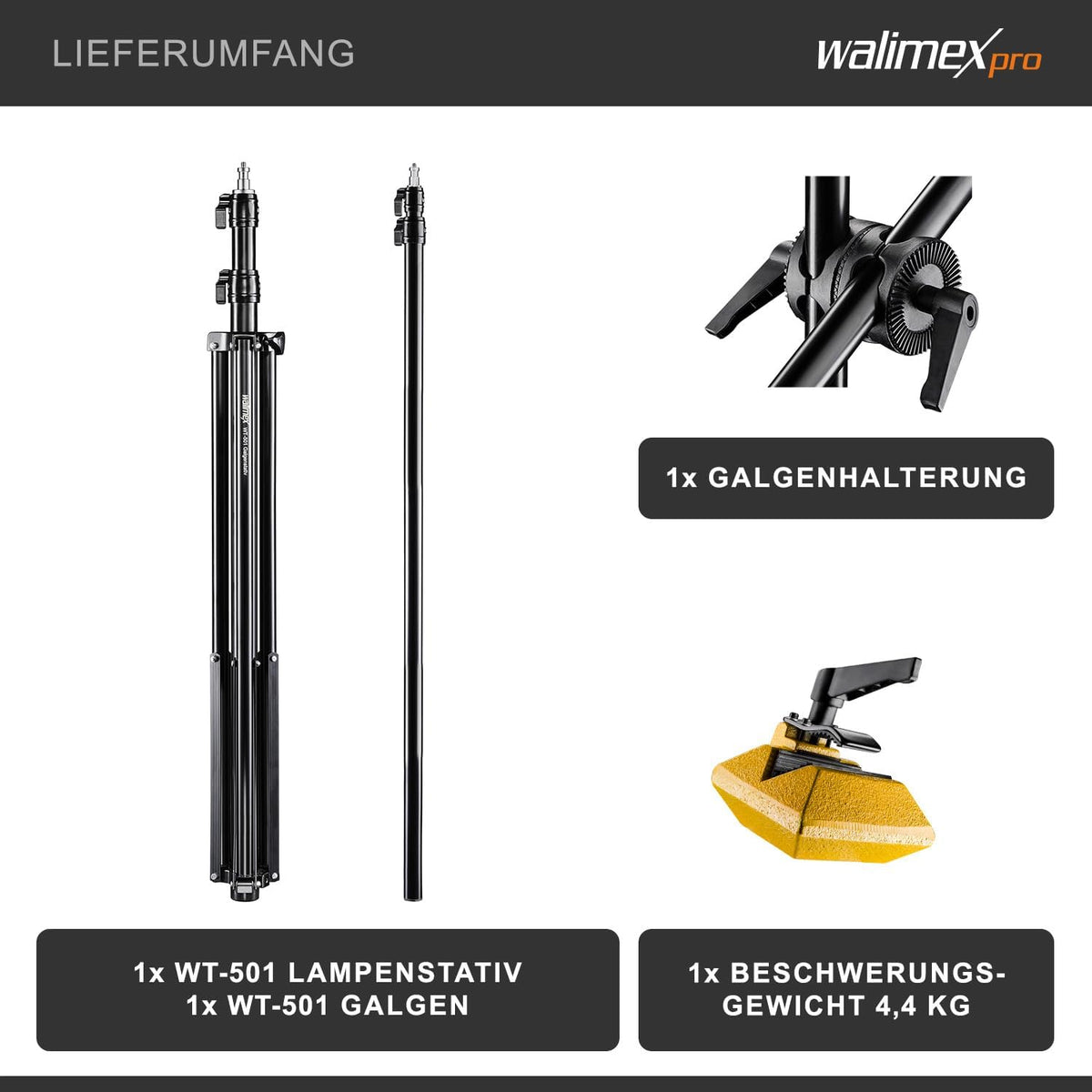 Walimex pro WT-501 Galgenstatief, verstelbaar lichtstatief met 215 cm bevestigingsarm, 4,4 kg contragewicht, 1/4 inch schroefdraad voor softbox, studiolicht, reflector, flits, ideaal voor