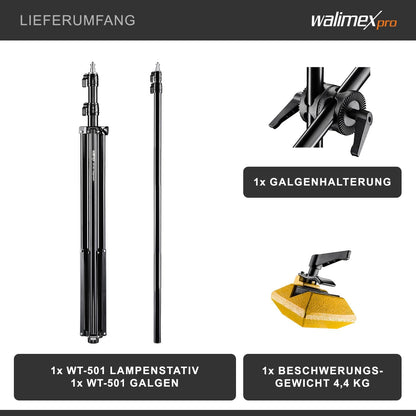 Walimex pro WT-501 Galgenstatief, verstelbaar lichtstatief met 215 cm bevestigingsarm, 4,4 kg contragewicht, 1/4 inch schroefdraad voor softbox, studiolicht, reflector, flits, ideaal voor
