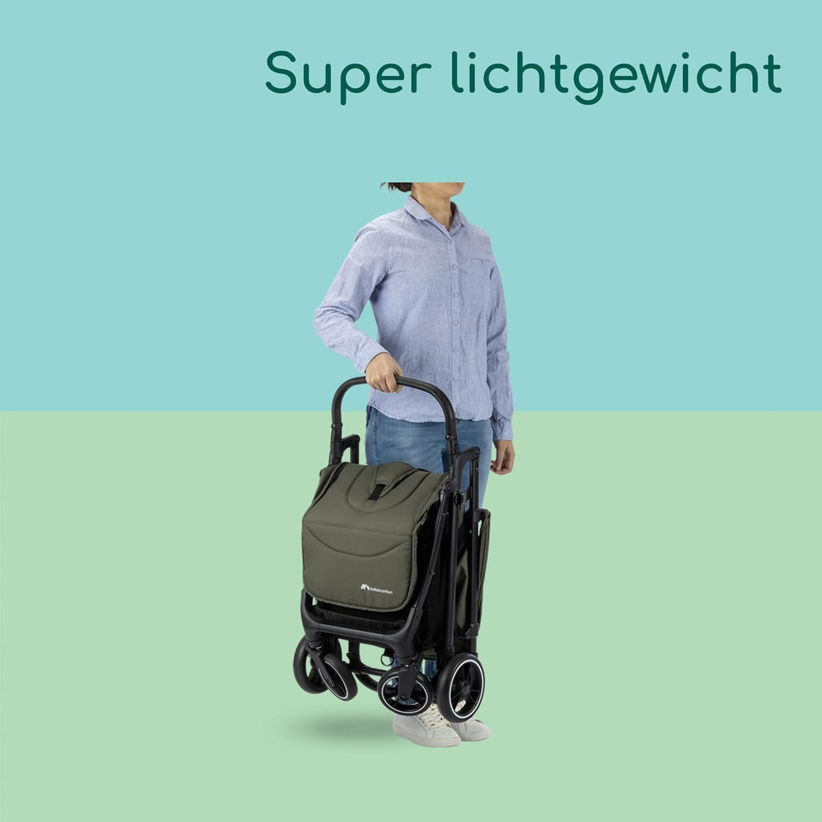 Bebeconfort Azur, Compacte Kinderwagen, 0-3 jaar (15 kg), Lichtgewicht Kinderwagen, Automatisch Inklappen met één Hand, Naadloos Verstelbaar Naar Vlakke Ligstand, Grote Mand, Mineral Green