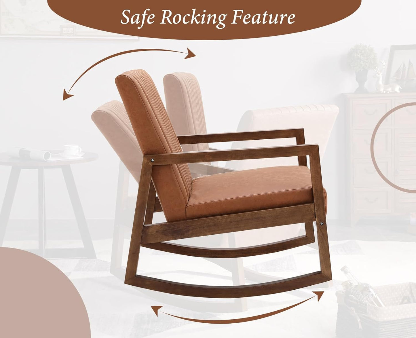 chairus Schommelstoel voor woonkamer PU-lederen leesfauteuil gestoffeerd accent relaxstoel met houten poten (bruin)
