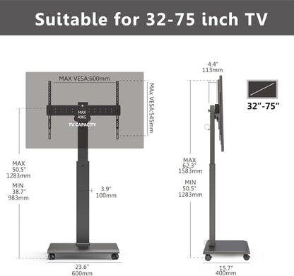 FITUEYES tv standaard verrijdbaar metalen onderstel voor 32-75 inch, mobiele tv-kar van landschap naar portret, Draaibaar & Hoogte verstelbaar tv-vloerstandaard Max. VESA 600x400mm Draagt 40 kg