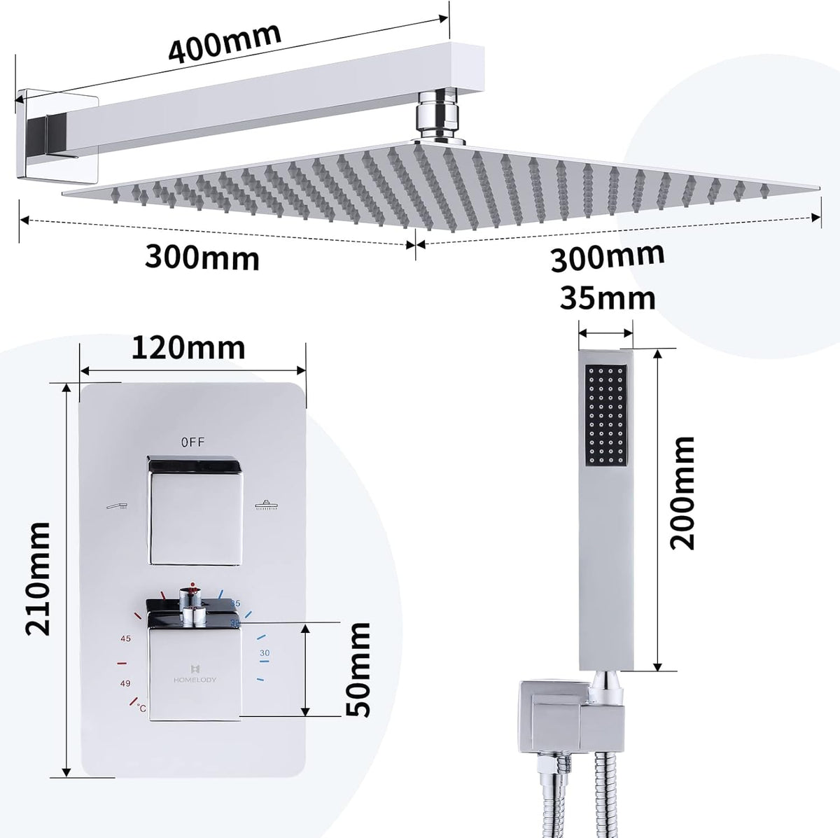 Douchekraan – Douchesysteem – Thermostaatkraan – Douchemengkraan – Regendouche – Inbouw – 30 cm Regendouchekop – Messing & Chroom