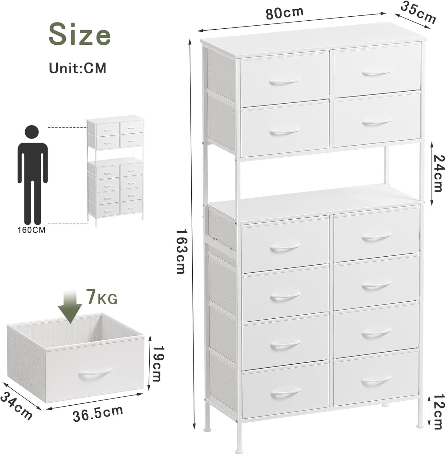 Ladekast met 12 laden, Opbergkist met Open Middenontwerp, Hoge Ladekast voor Slaapkamer, Stoffen Dressoir, Metalen Frame, Wit