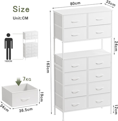 Ladekast met 12 laden, Opbergkist met Open Middenontwerp, Hoge Ladekast voor Slaapkamer, Stoffen Dressoir, Metalen Frame, Wit
