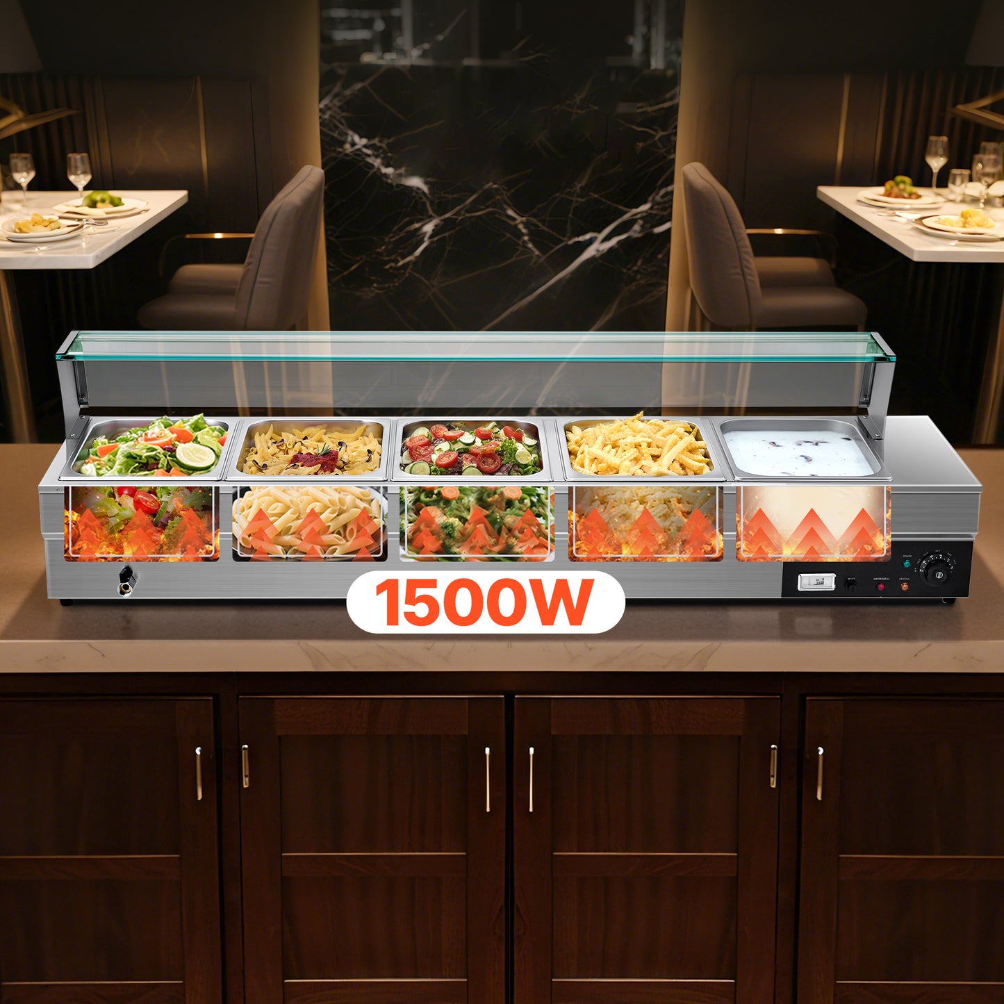 Voedselwarmer – Warmhoudplaat – Buffetwarmer – Bain-Marie – Chafing Dish – 5 Pannen 7,6L – Roestvrij Staal met Glazen Afdekking